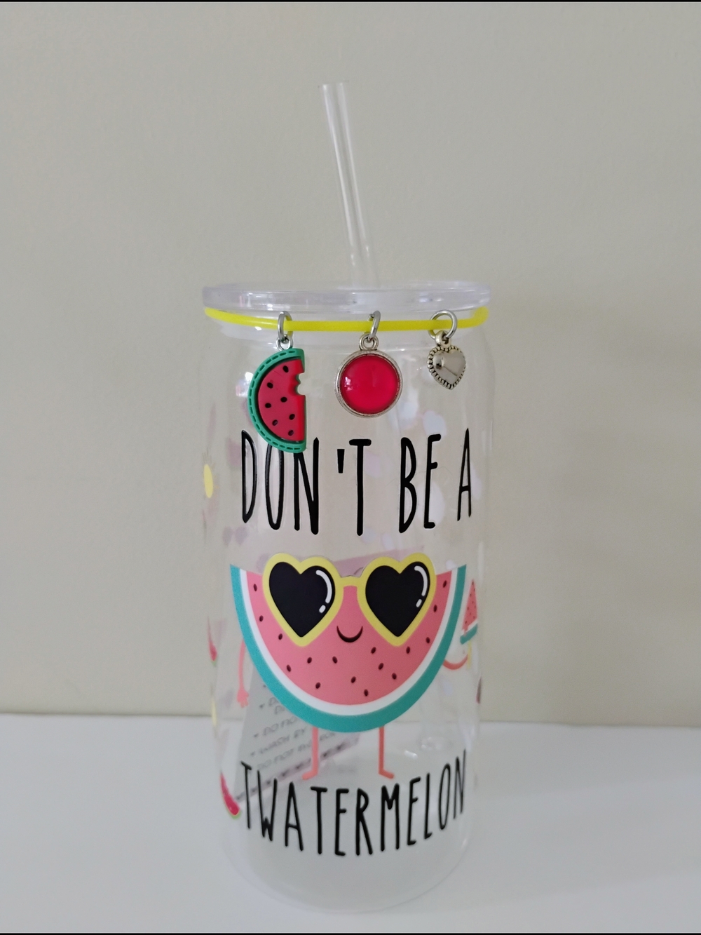 *HANDMADE* DON'T BE A TW*TERMELON ACRYLIC TUMBLER WITH CHARMS 16 oz.